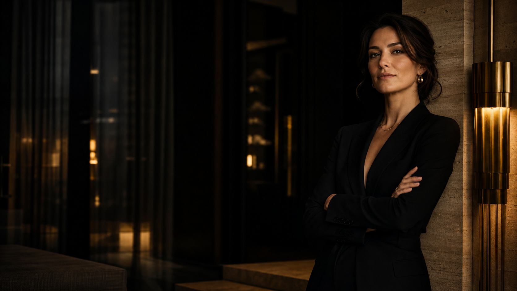 A confident female creator in a refined dark interior