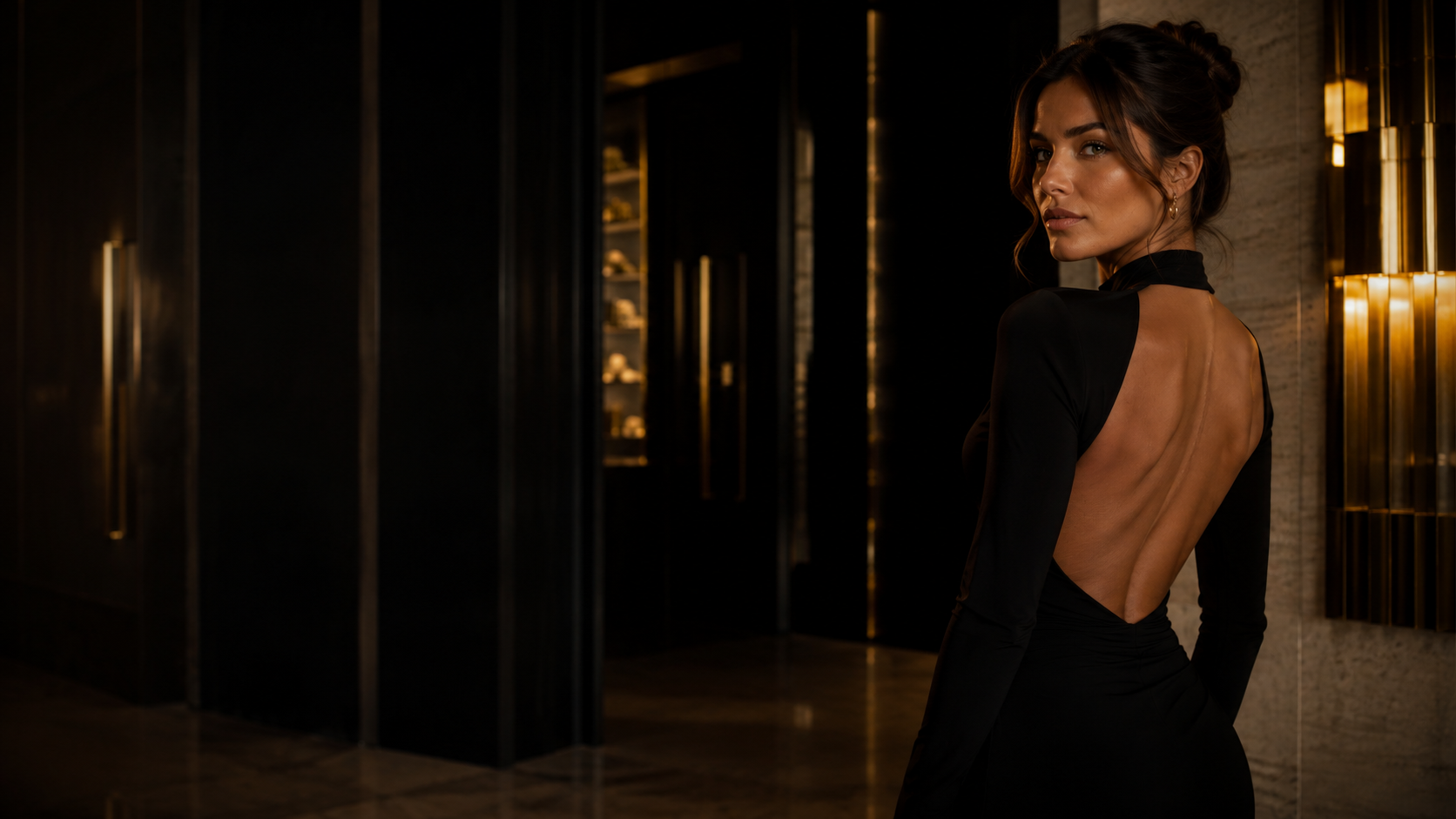 A confident female creator in a refined dark interior
