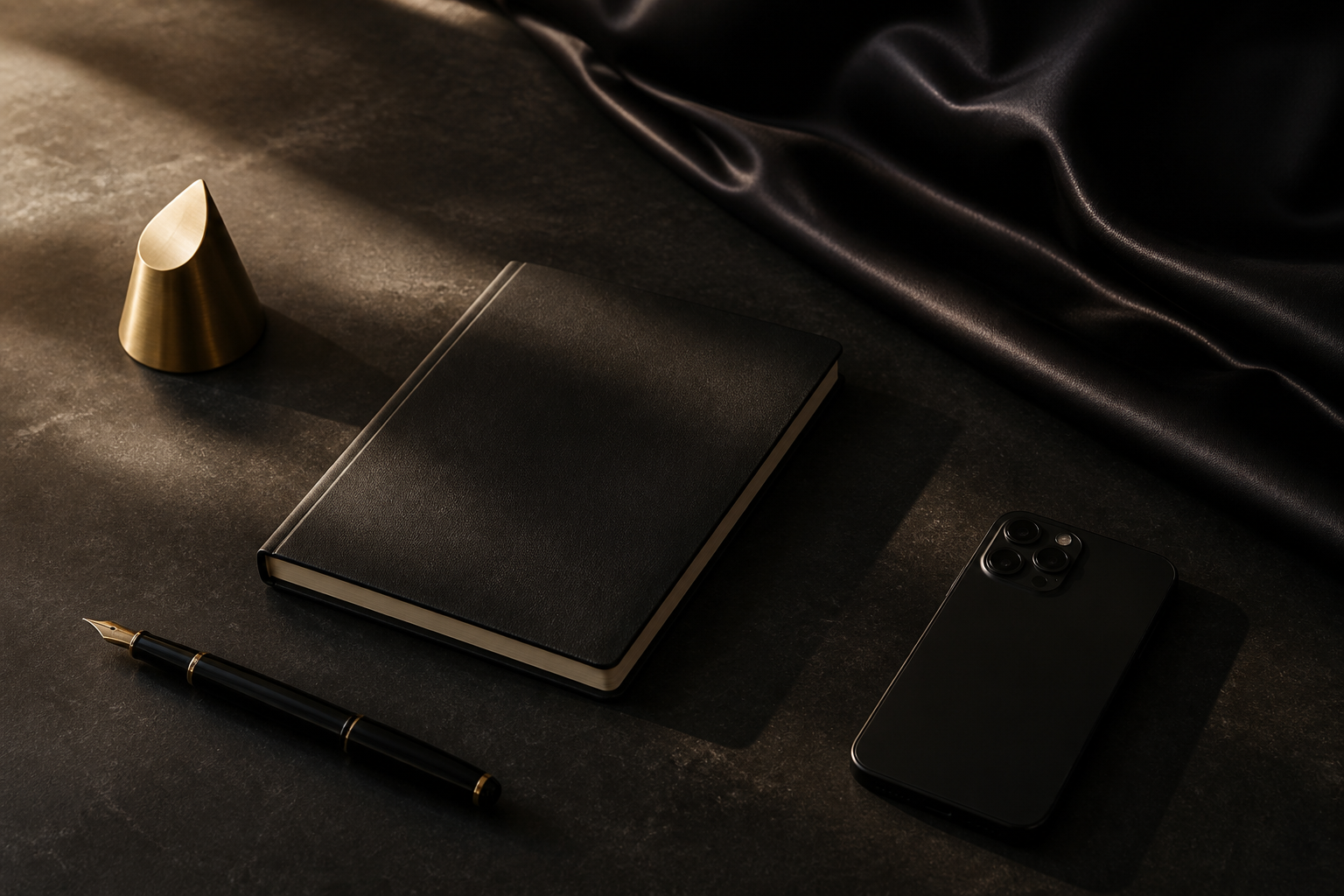 A black notebook, fountain pen and brass object on stone